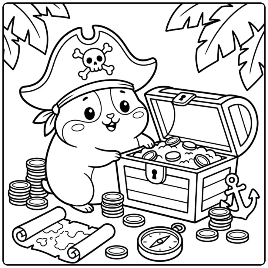 Cute Hamster coloring page as a pirate with treasure