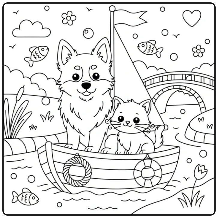 Schipperke and Kitten Sailing on a Canal coloring page