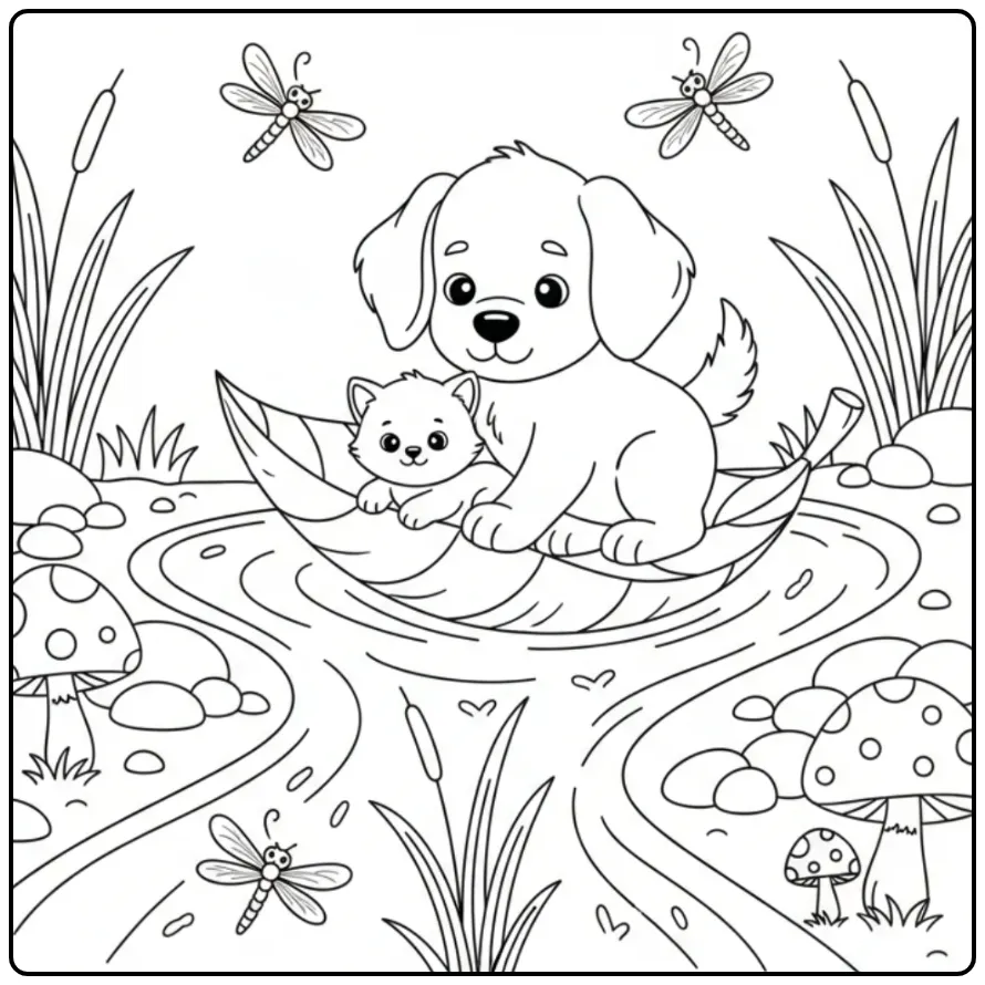 Drentsche Patrijshond and Kitten Sailing on a Leaf coloring page
