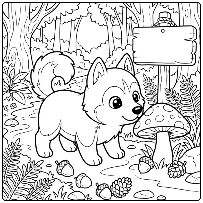 Husky Sniffing a Mushroom on a Forest Path coloring page
