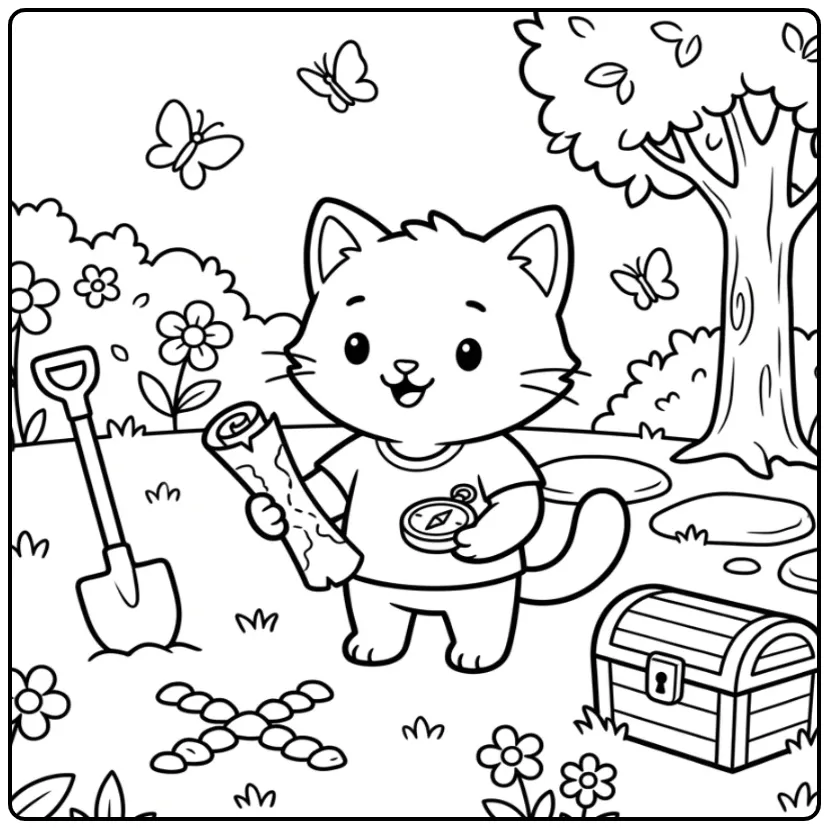 Easy Cat coloring page with treasure map and compass