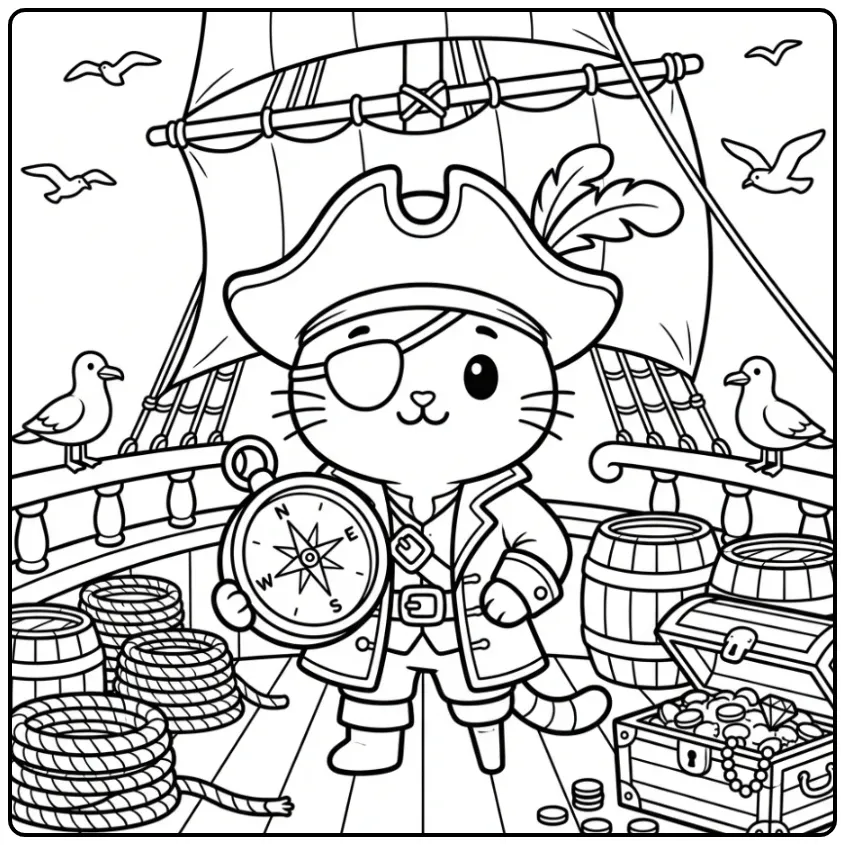 Difficult Cat coloring page pirate captain with compass