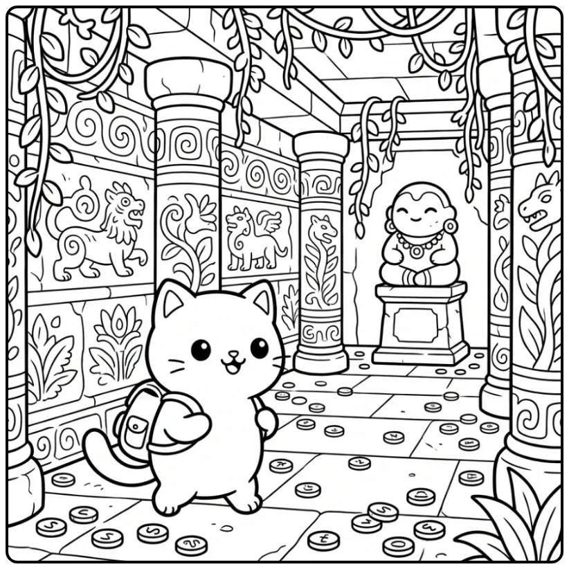 Difficult Cat coloring page in an ancient temple