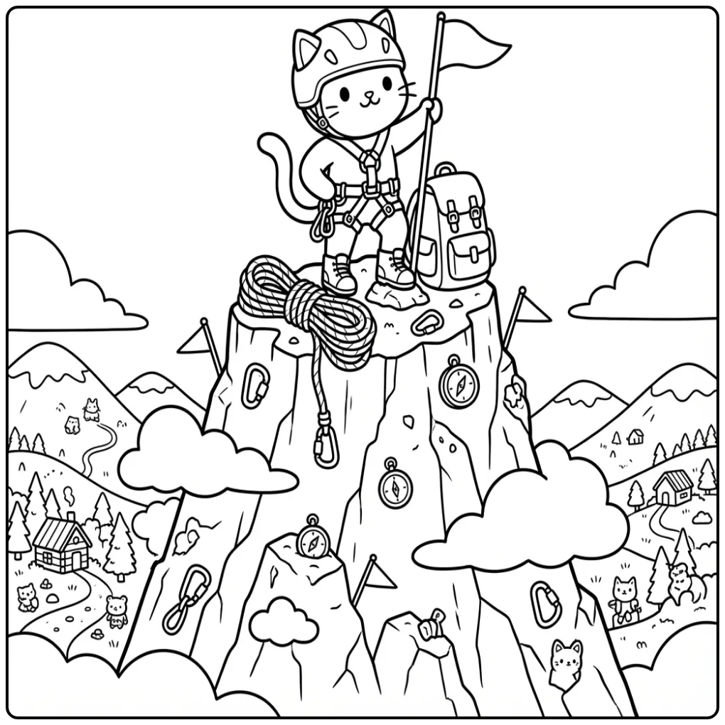 Difficult Cat coloring page on a rocky mountaintop