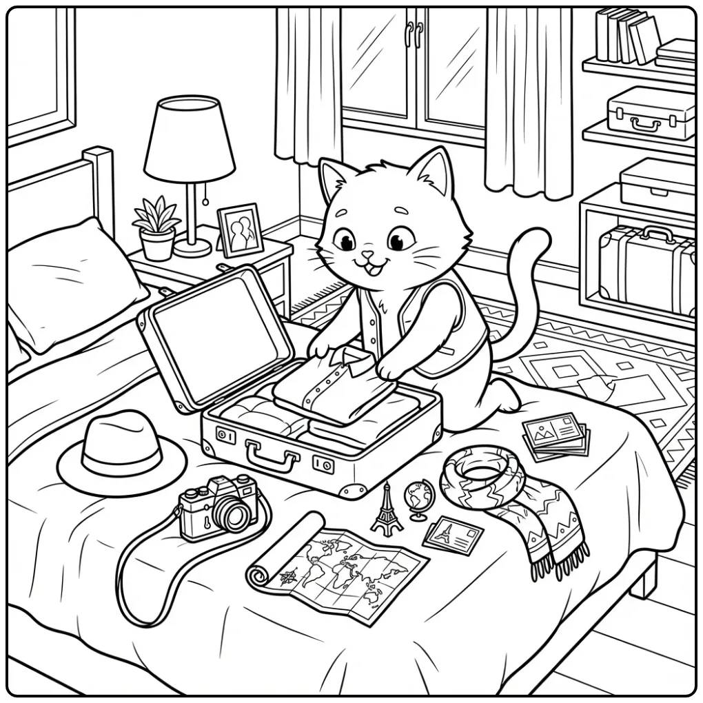 Adult Cat coloring page packing a suitcase