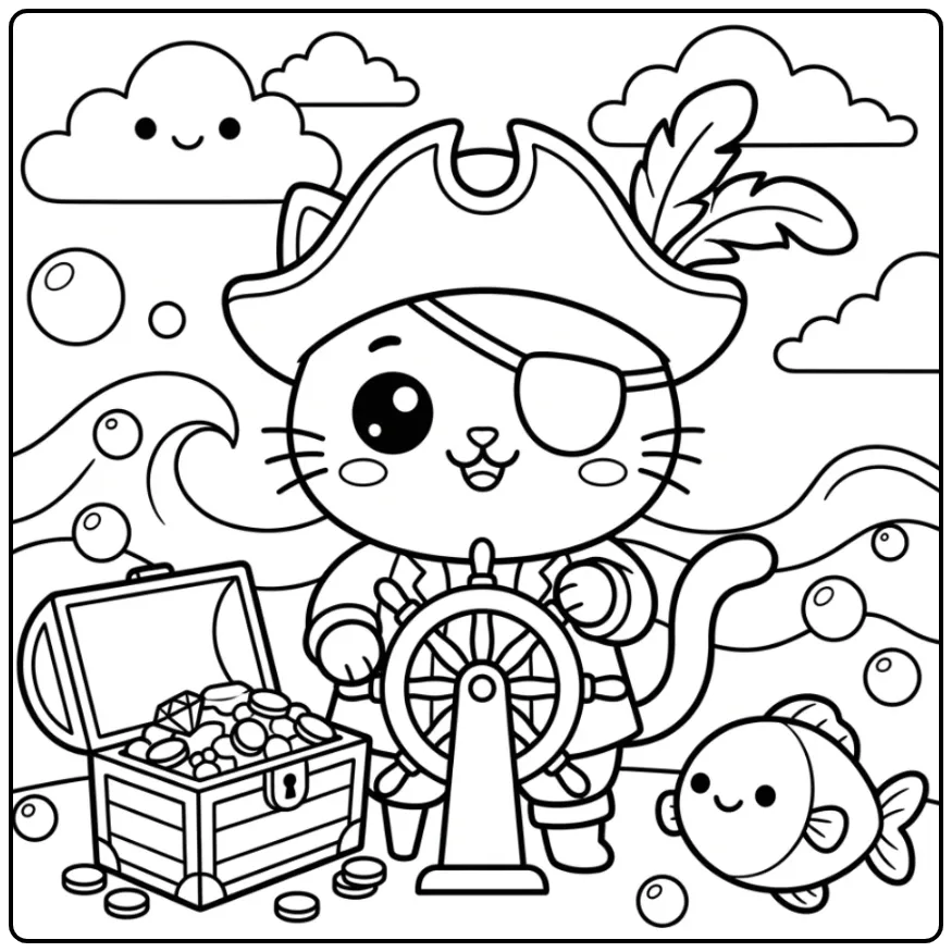 Kawaii Cat coloring page as a small pirate