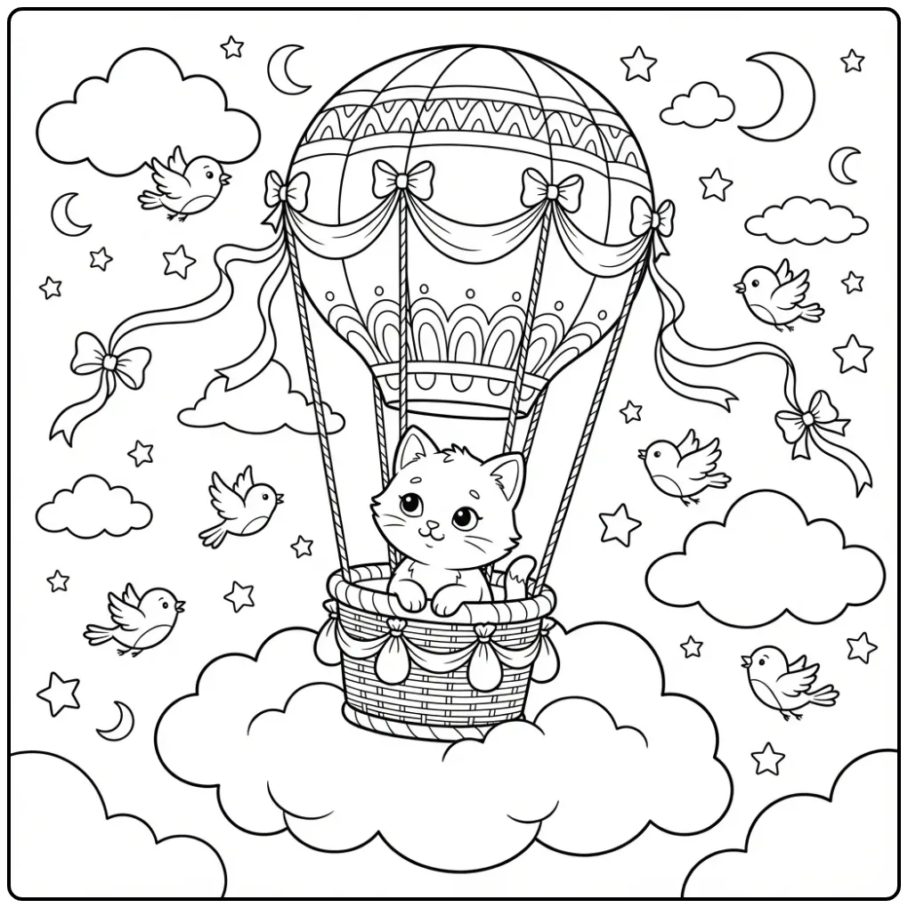 Adventurous Kitten in a Toy Hot Air Balloon coloring page