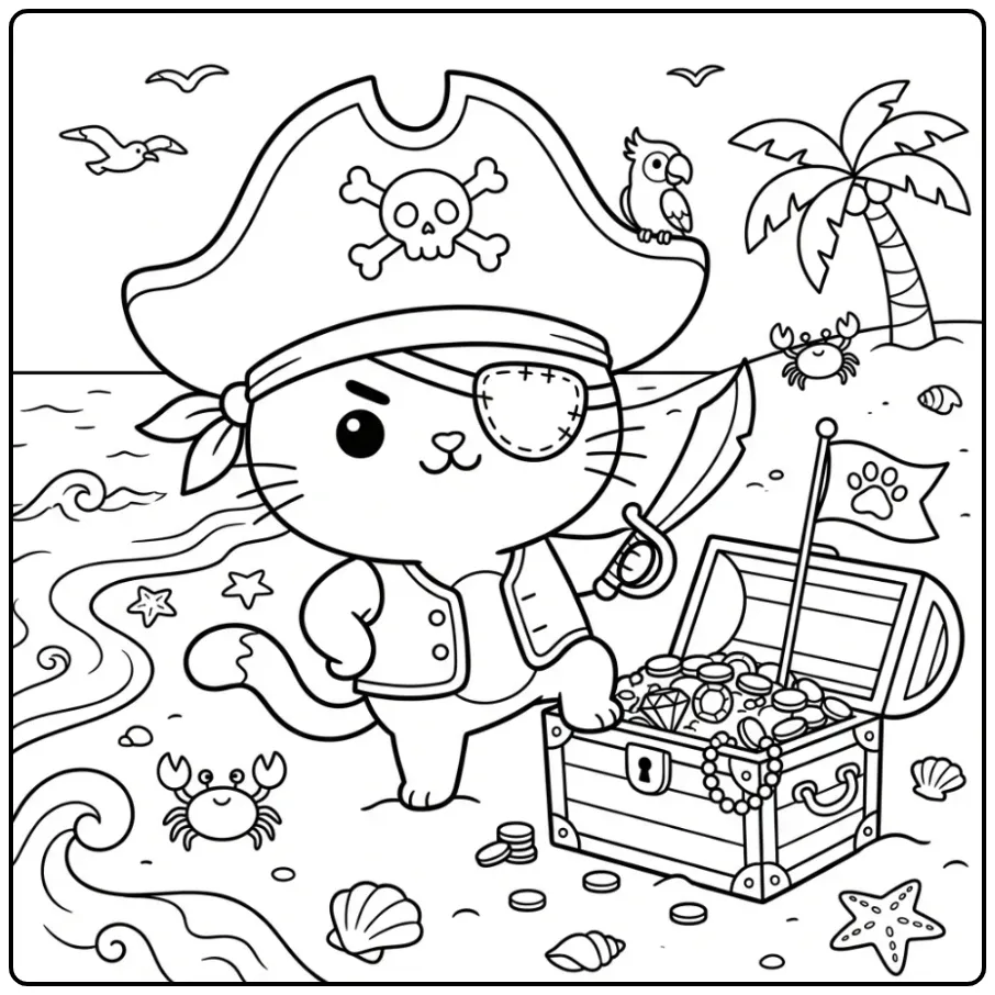 Adventurous Pirate Kitten with Treasure Chest coloring page