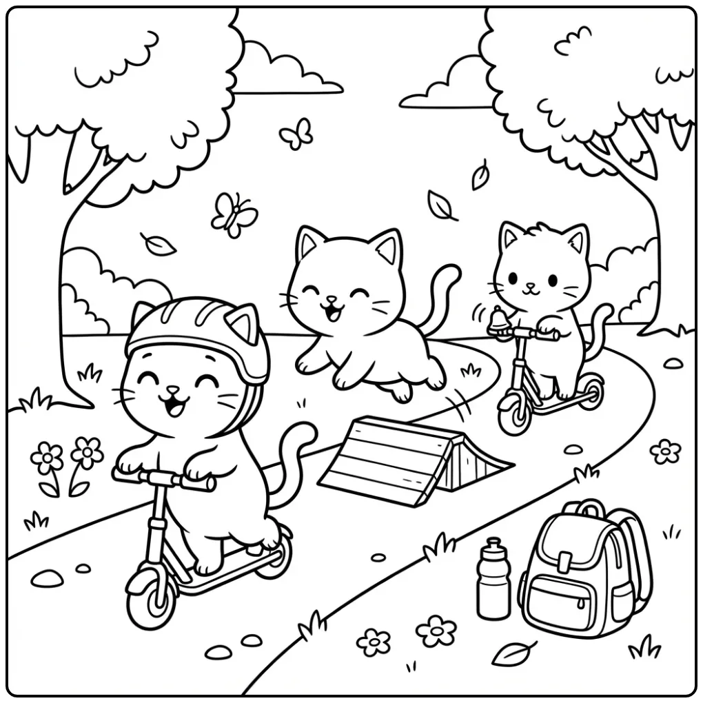 Adventurous Kittens on a Scooter coloring page