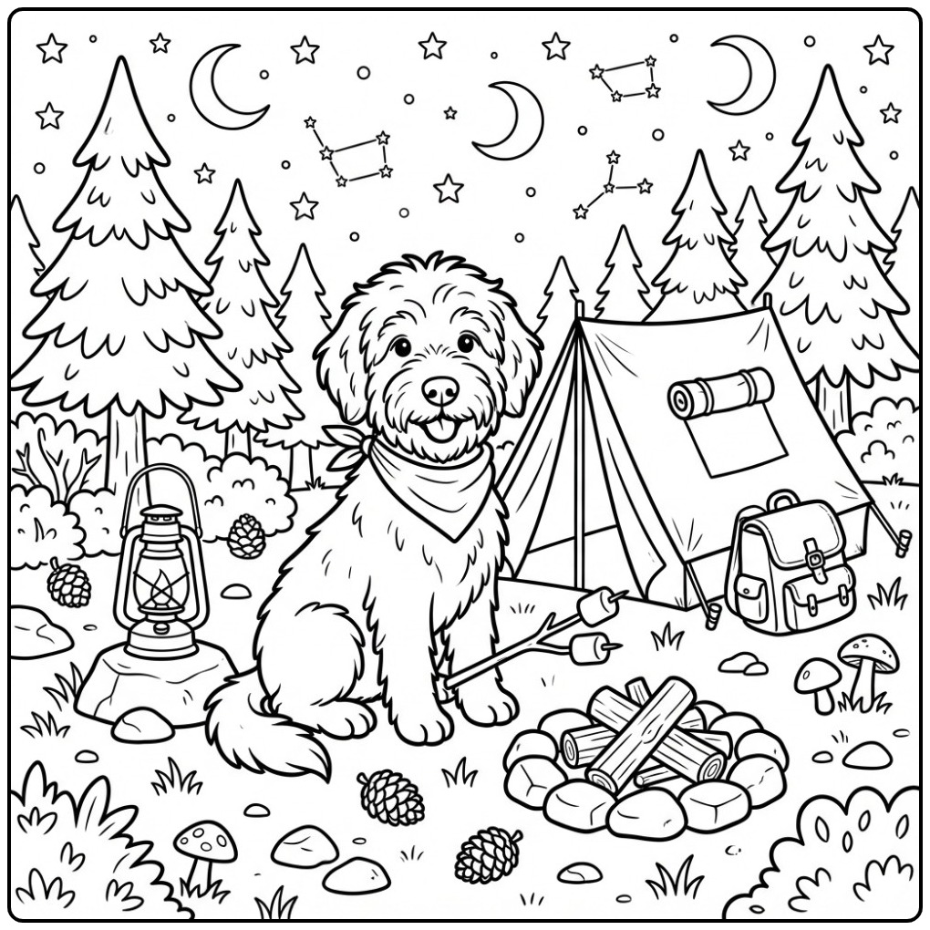 Labradoodle Camping by a Campfire coloring page