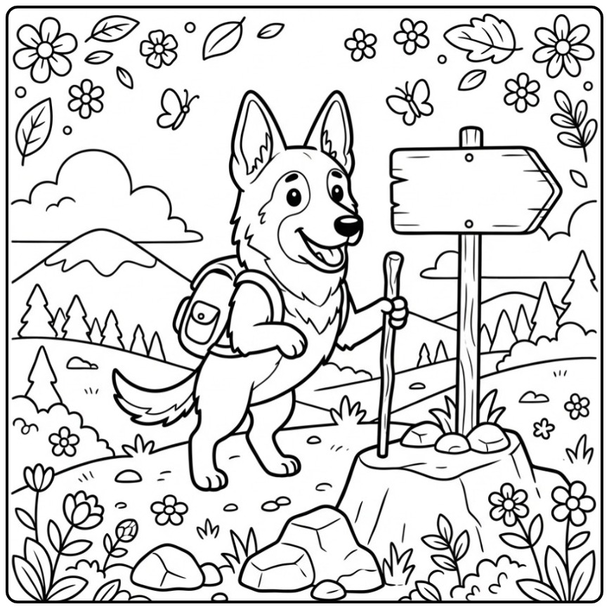 Belgian Malinois Hiking on a Mountain Trail coloring page