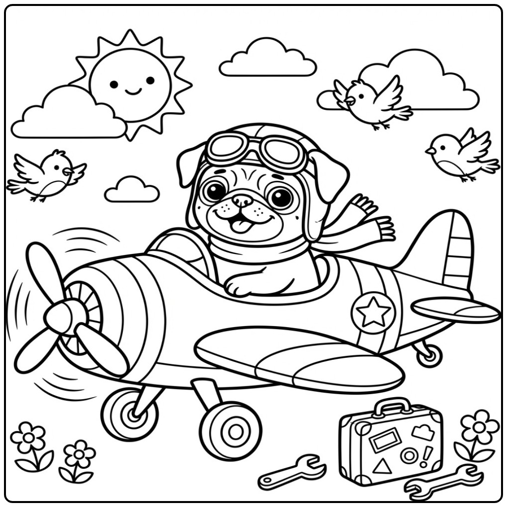 Adventurous Pug Flying Through the Clouds coloring page
