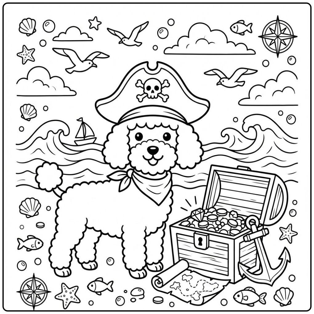 Adventurous Poodle with a Big Treasure Chest coloring page