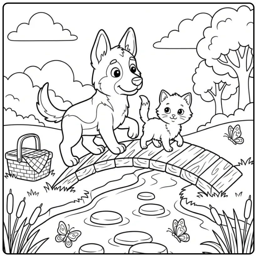 Shepherd Puppy Helping a Kitten Cross a Bridge coloring page