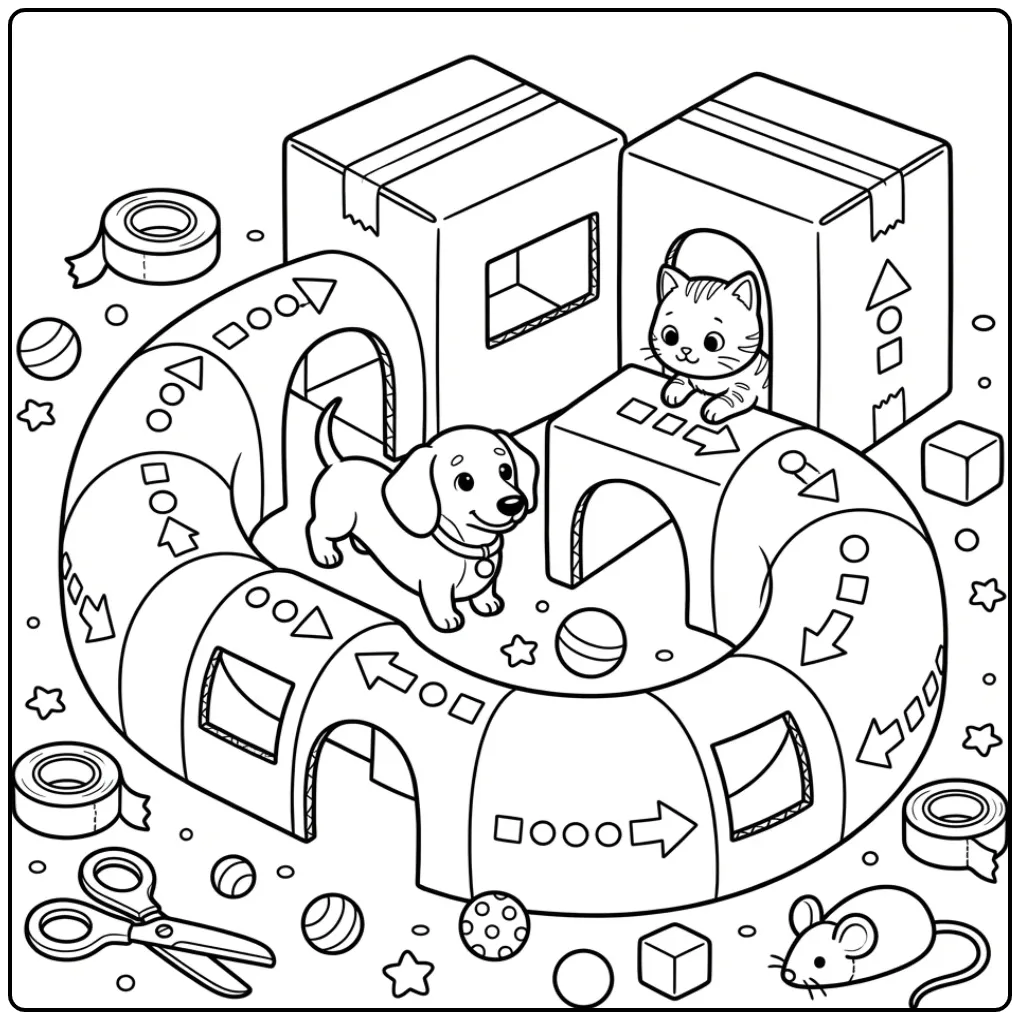 Dachshund Puppy and Kitten in a Cardboard Tunnel Maze coloring page