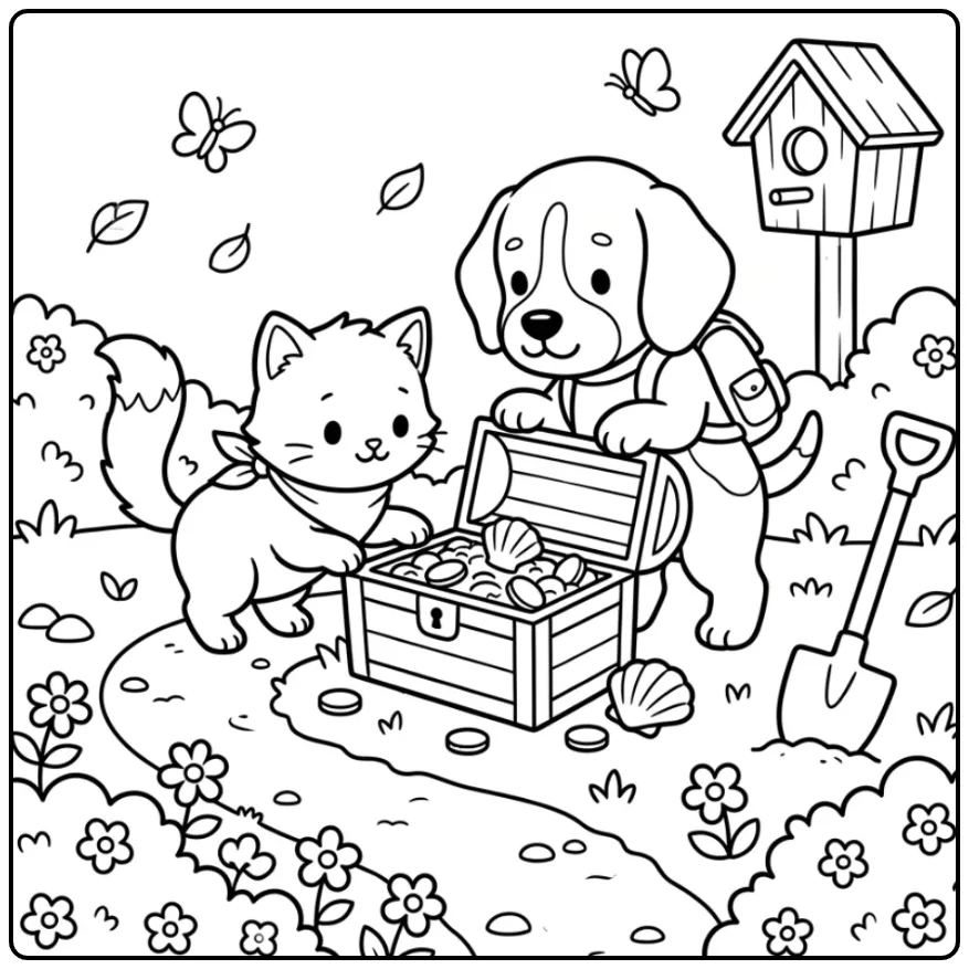Beagle Puppy and Kitten Finding Treasure coloring page