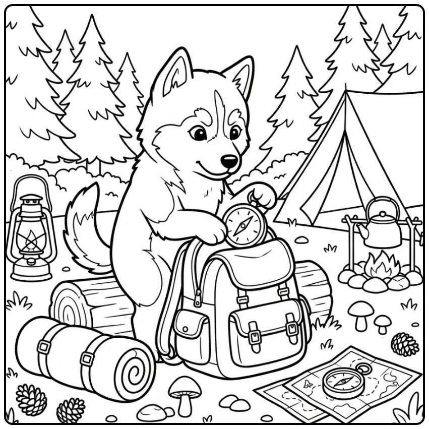 Adventurous Detailed Puppy Camping coloring page
