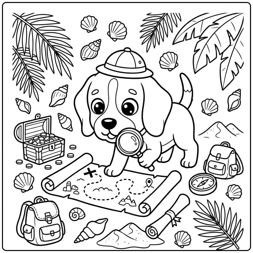 Adventurous Cute Puppy with Treasure Map coloring page