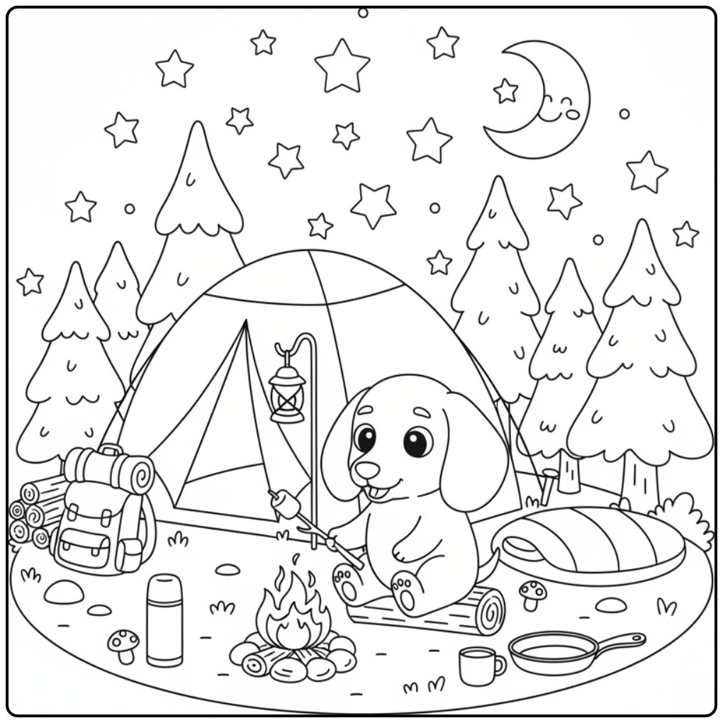 Adventurous Dachshund with a Tent and Starry Sky coloring page