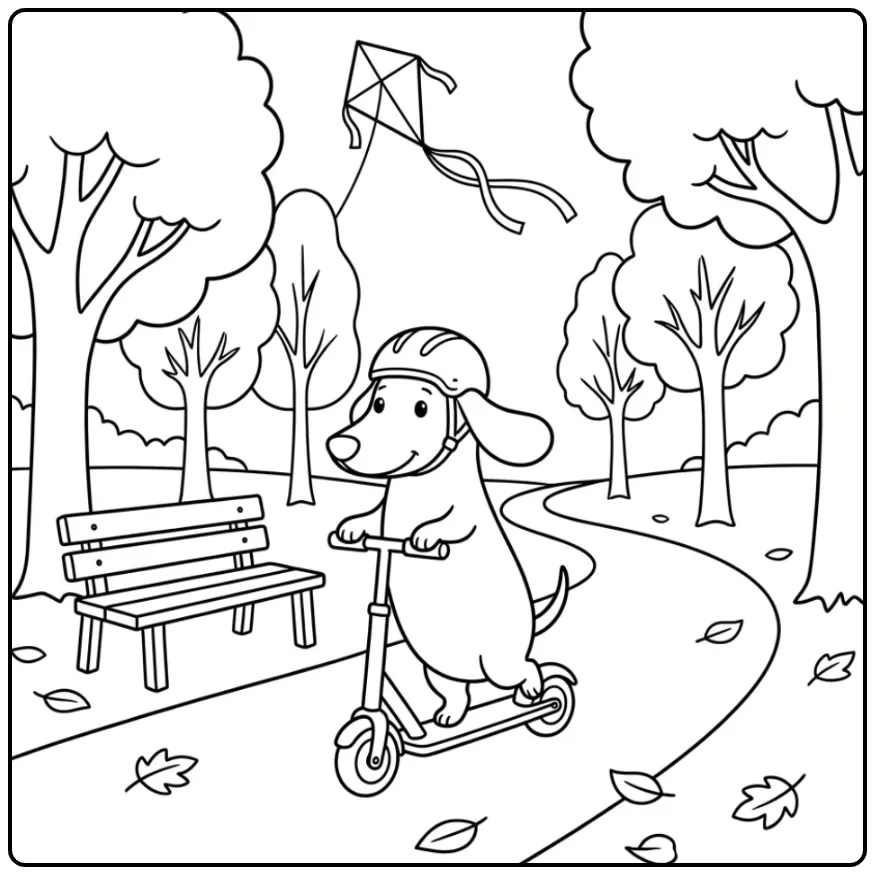 Dachshund Riding a Scooter in an Autumn Park coloring page