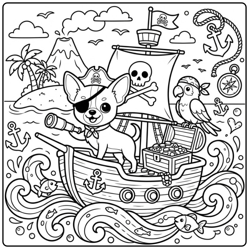 Adventurous Pirate Chihuahua with a Treasure coloring page