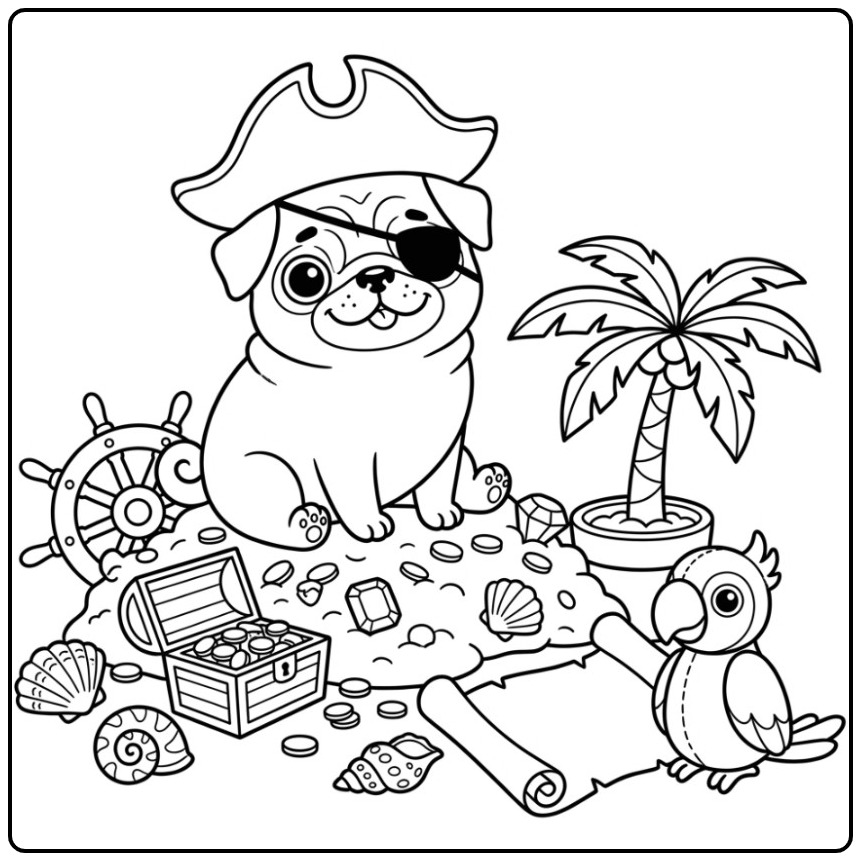 Adventurous Pirate on a Cute Pug coloring page