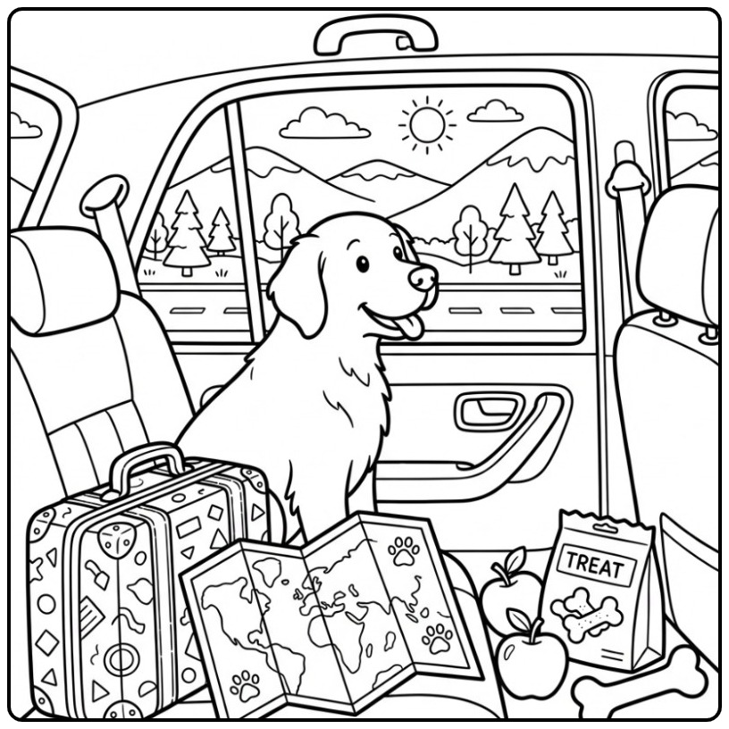 Adventurous Journey Golden Retriever in the Car coloring page