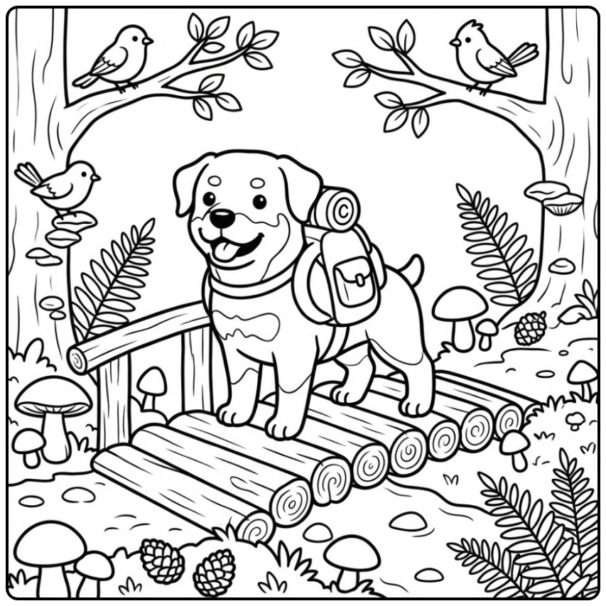 Rottweiler Hiking Through the Forest with a Backpack coloring page