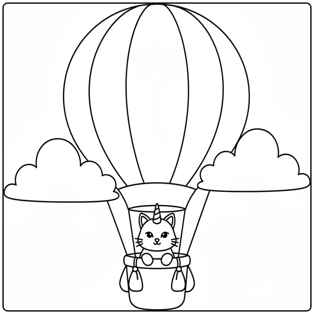 Adventurous Unicorn Cat in the Clouds coloring page