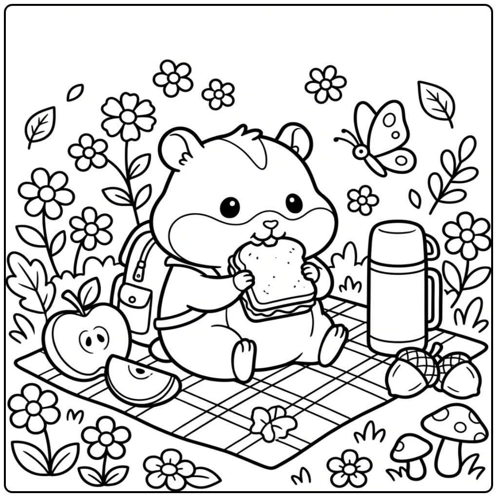 Baby Hamster coloring page with backpack at a picnic