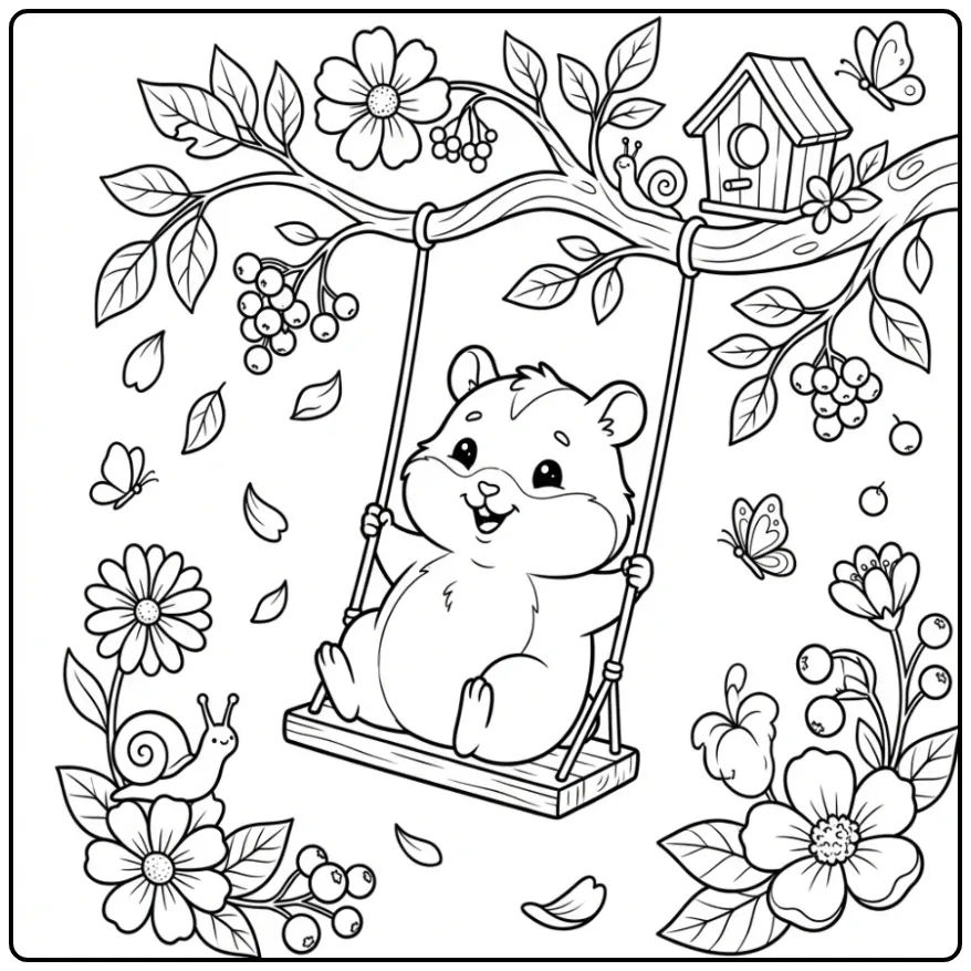 Baby Hamster coloring page on a small swing