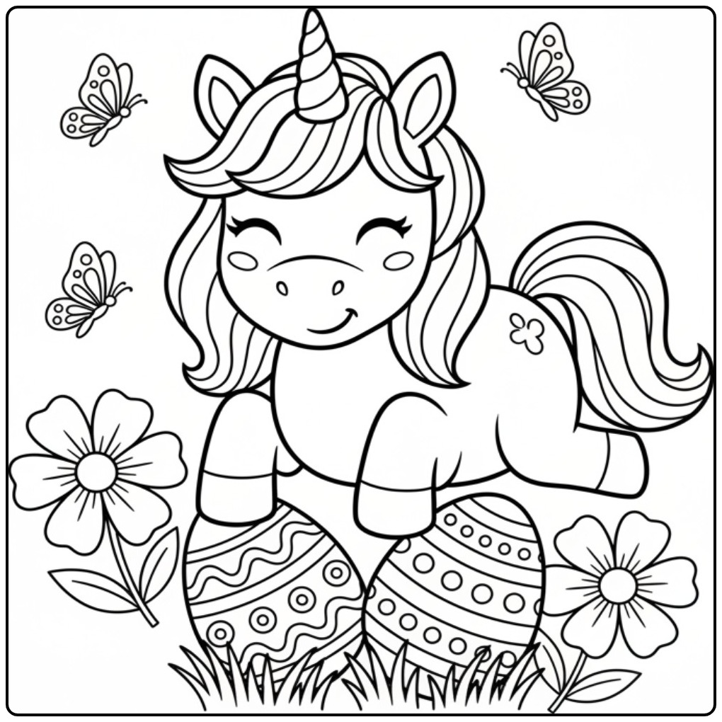 Baby Unicorn Easter Flowers and Decorated Eggs coloring page