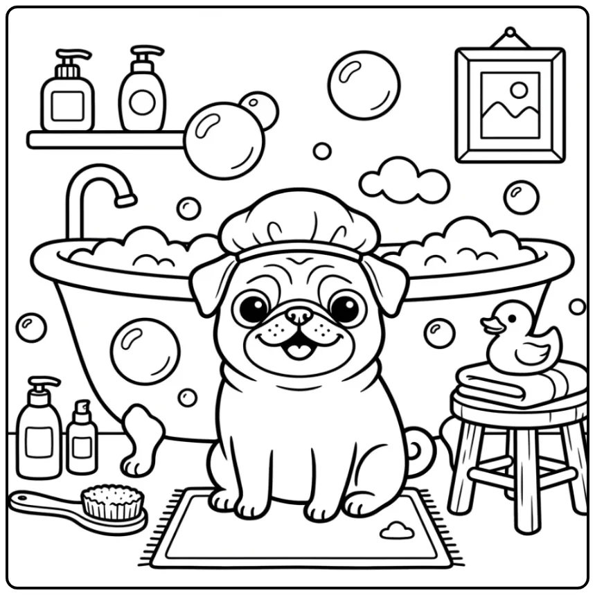Pug Taking a Bubble Bath coloring page