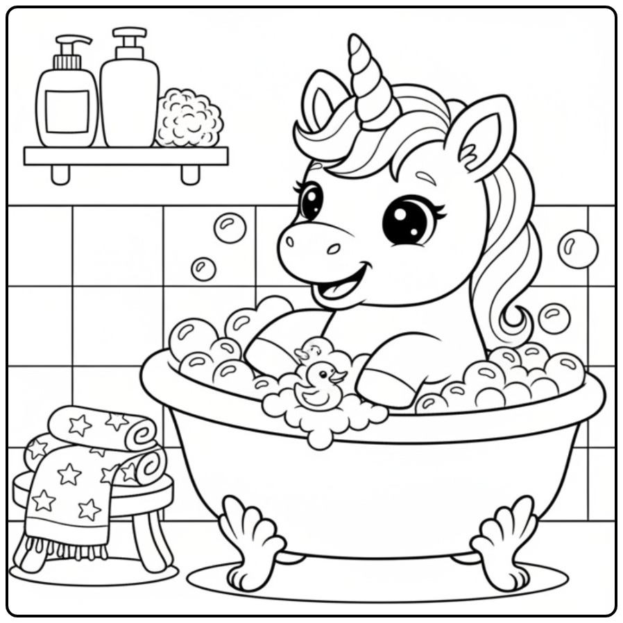 Bath Time Fun a Sweet Baby Unicorn Full of Bubbles coloring page