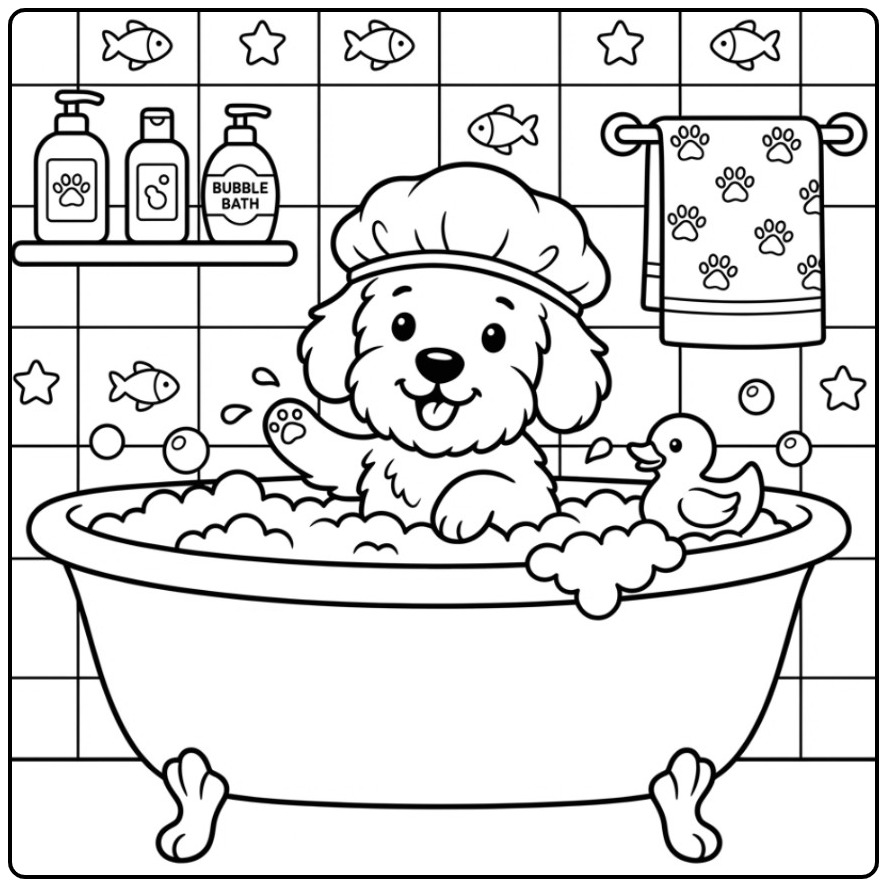 Labradoodle Puppy Taking a Bubble Bath coloring page