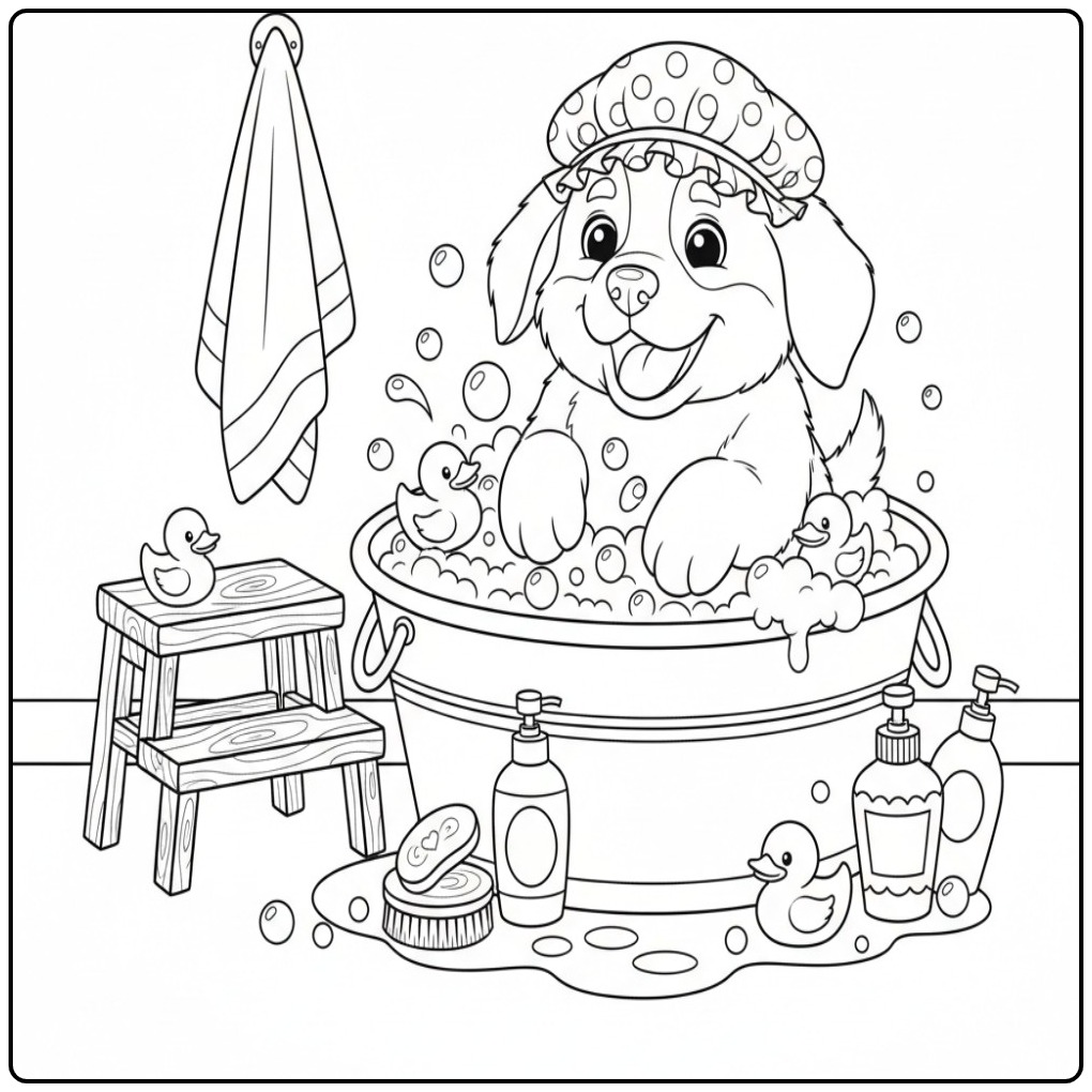 Bath Time for a Bernese Mountain Dog Pup coloring page