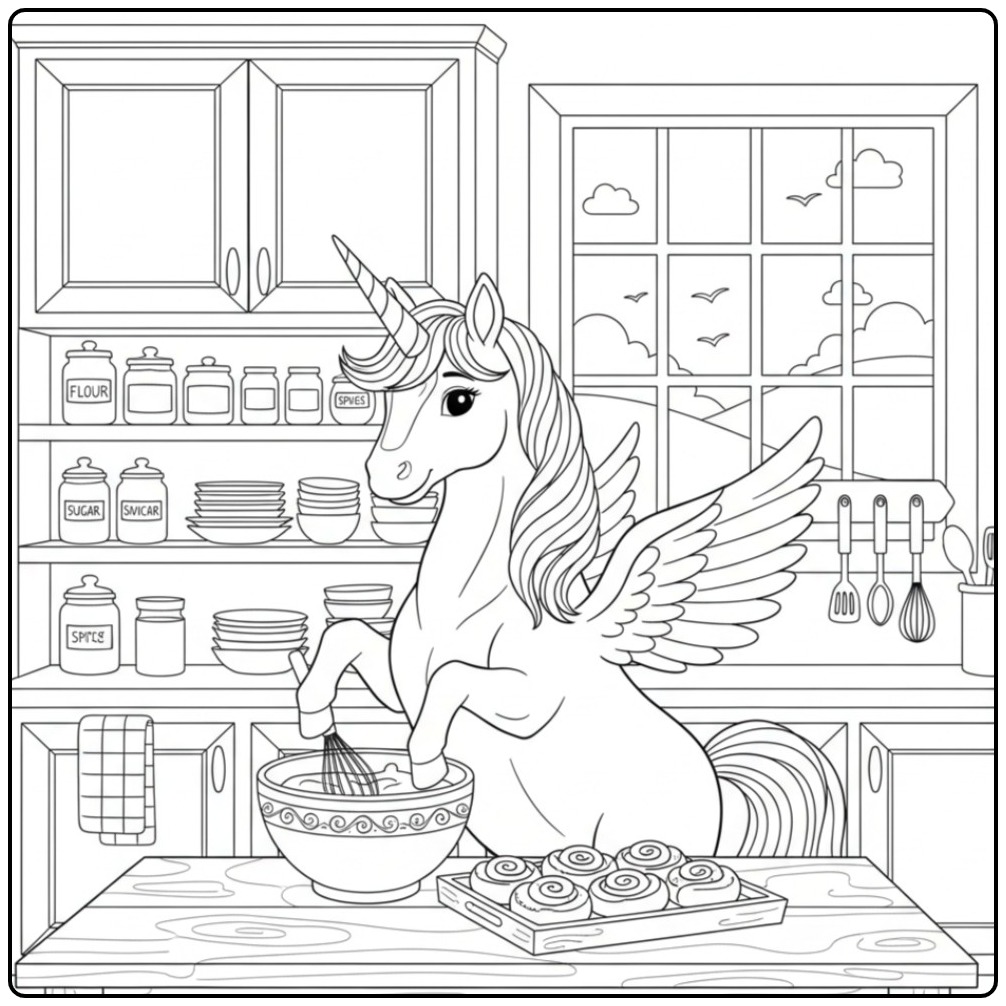 Baking a Unicorn with Wings and Magic coloring page