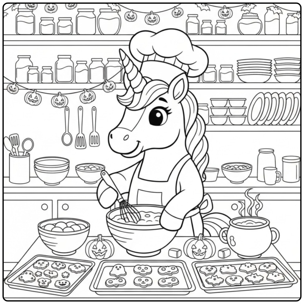 Baking with a Unicorn Halloween in the Kitchen coloring page
