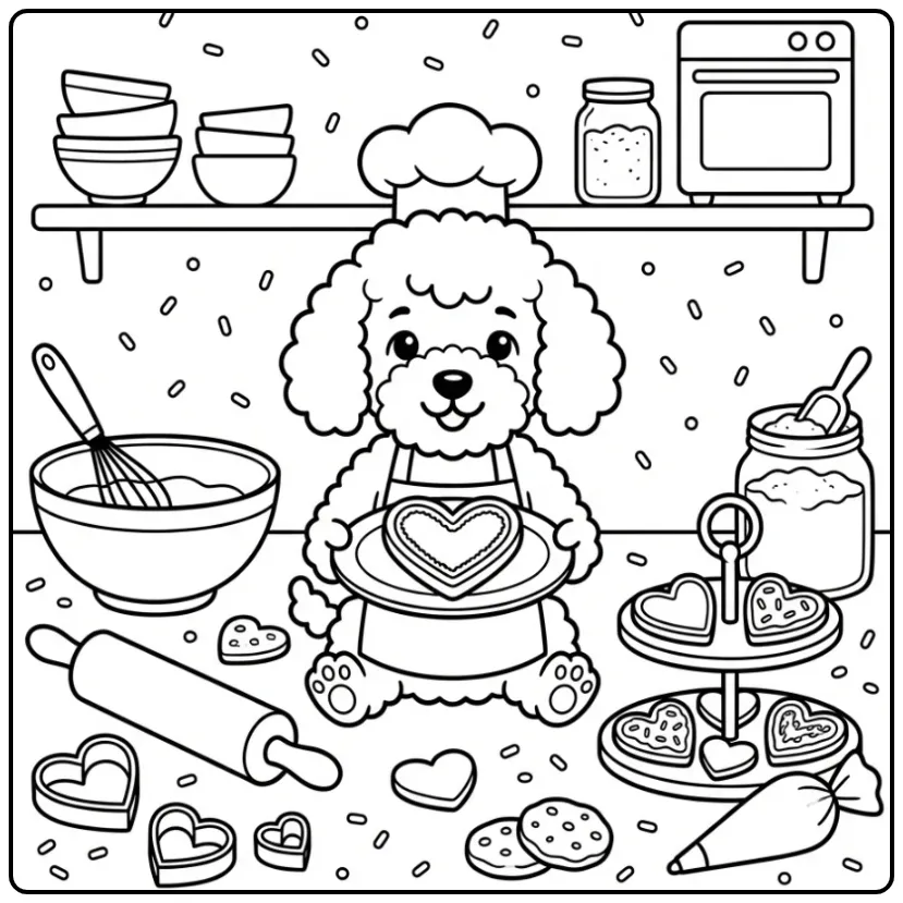 Baking Poodle Puppy with Heart coloring page