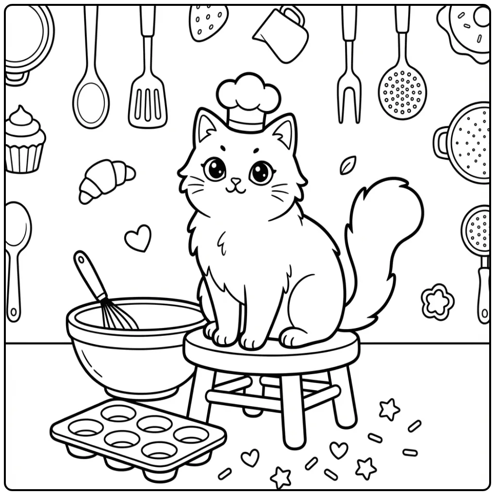 Cute Cat coloring page with chef hat and cupcakes
