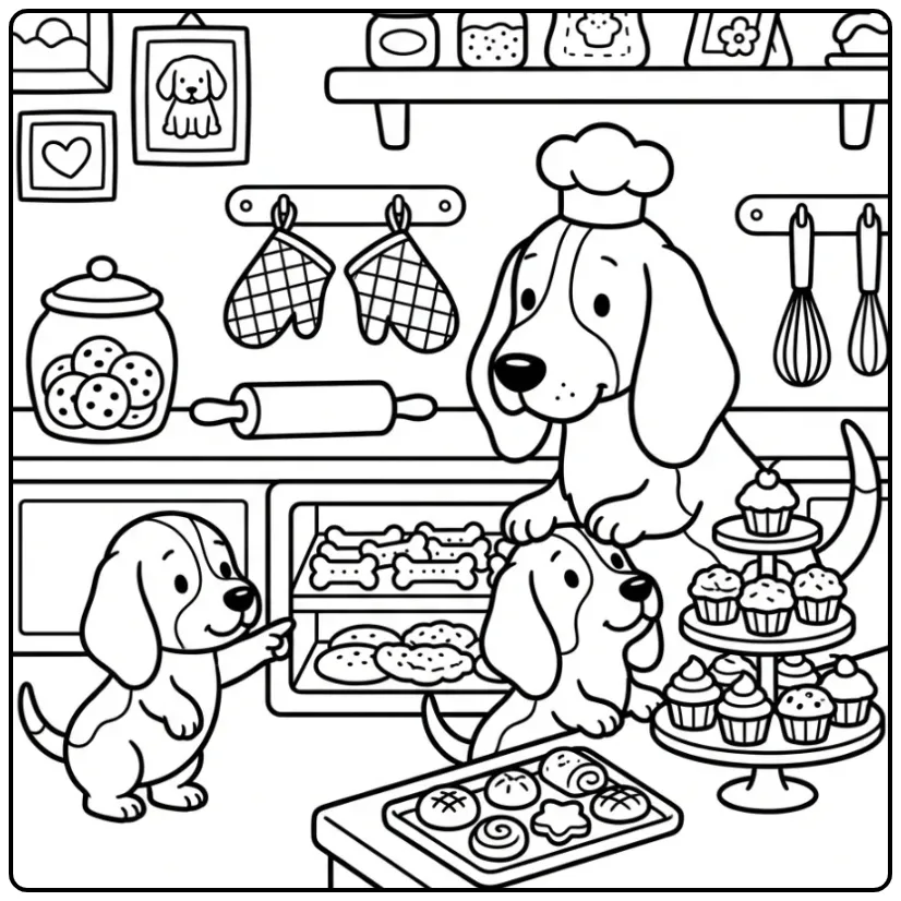 Basset Hound and Puppies in a Bakery coloring page