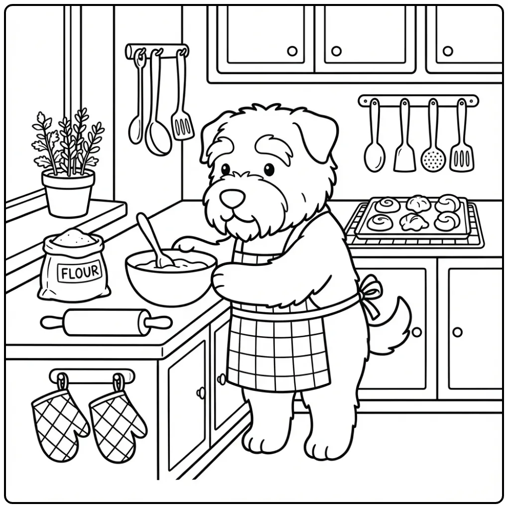 Bouvier des Flandres Baking in a Kitchen coloring page