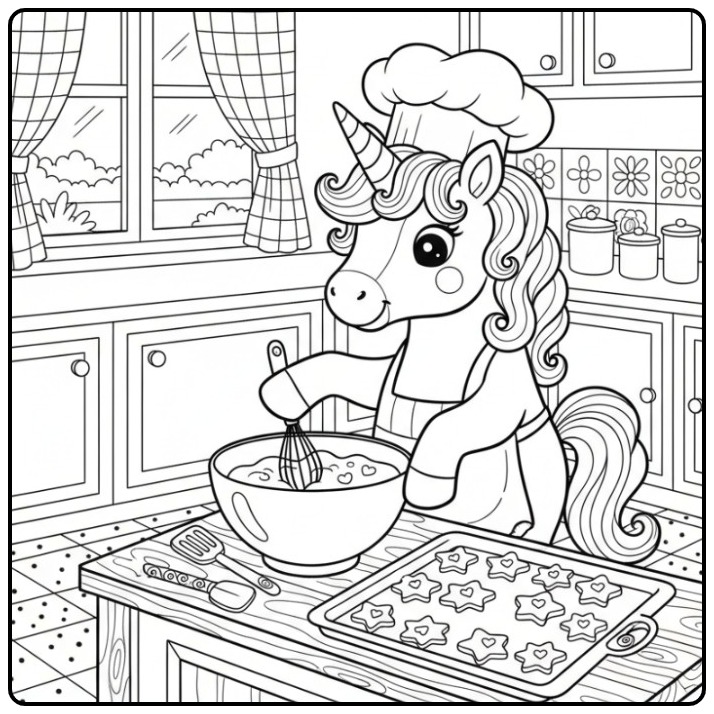 Baking Fun with a Unicorn Cute in the Kitchen coloring page