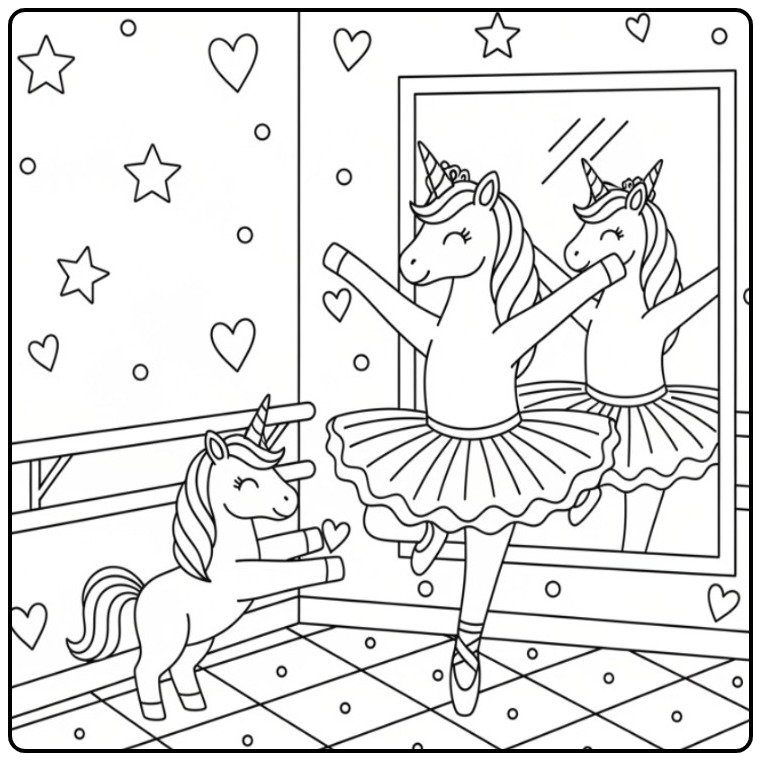 Ballerina in the Mirror a Unicorn Cute coloring page