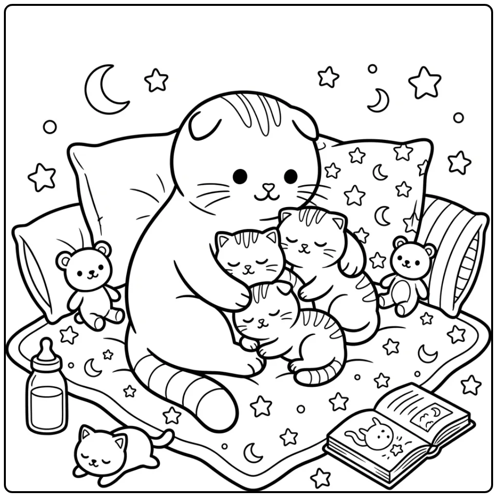 Bedtime Cat with Kittens on a Star Blanket coloring page