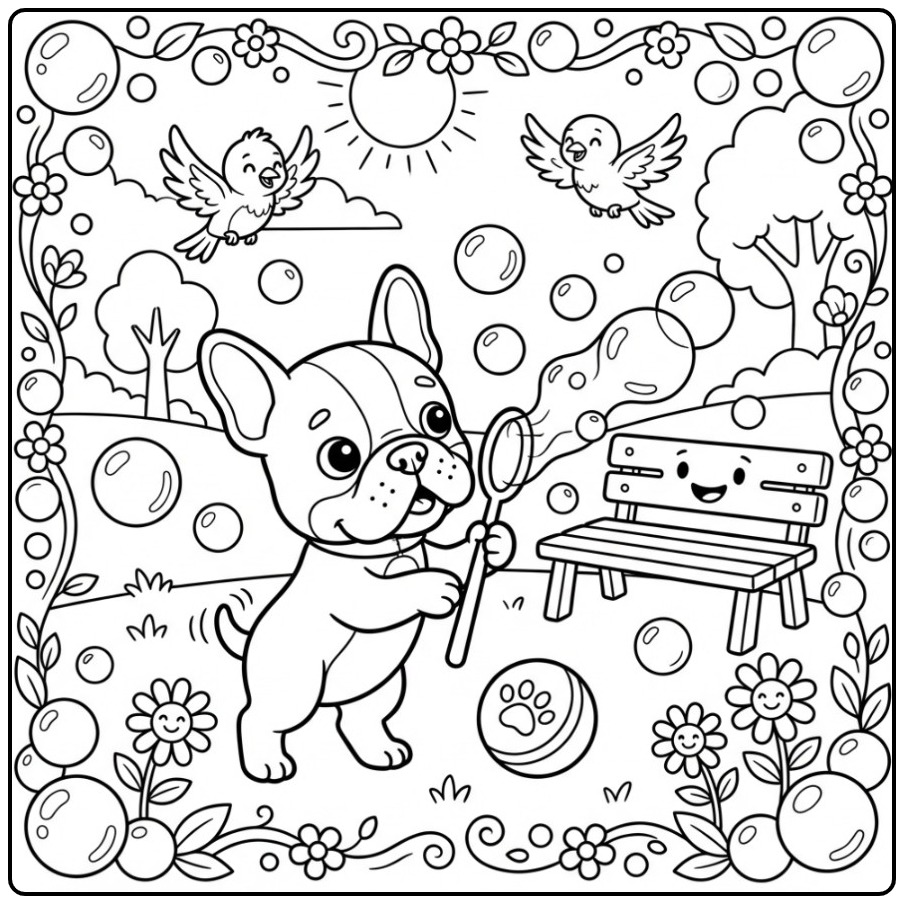 Bells Blowing with a Cute French Bulldog coloring page
