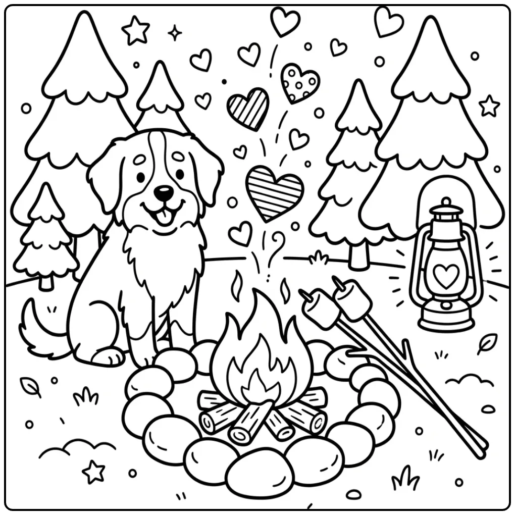 Bernese Mountain Dog by a Heart-Shaped Campfire coloring page