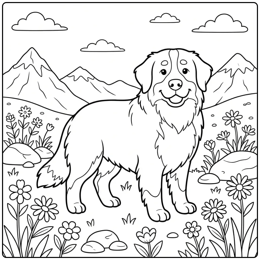 Bernese Mountain Dog in a Flower Meadow coloring page
