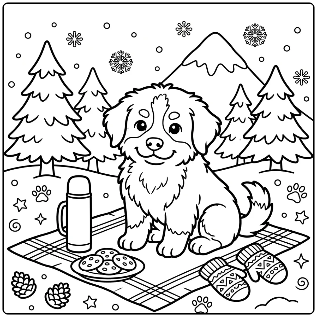 Bernese Mountain Dog Puppy Winter Picnic coloring page