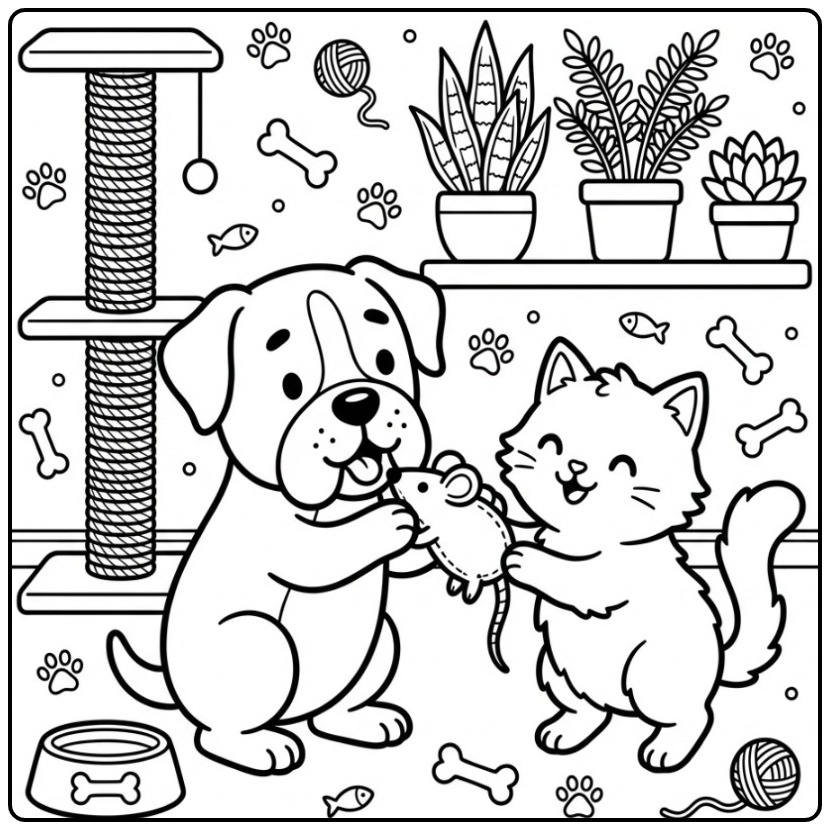 Best Friends Boxer Dog and Kitten with a Mouse coloring page